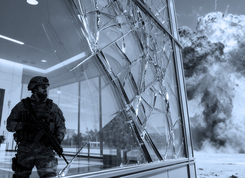 Tambest blast-resistant glazing protecting against explosion pressure and fragmentation